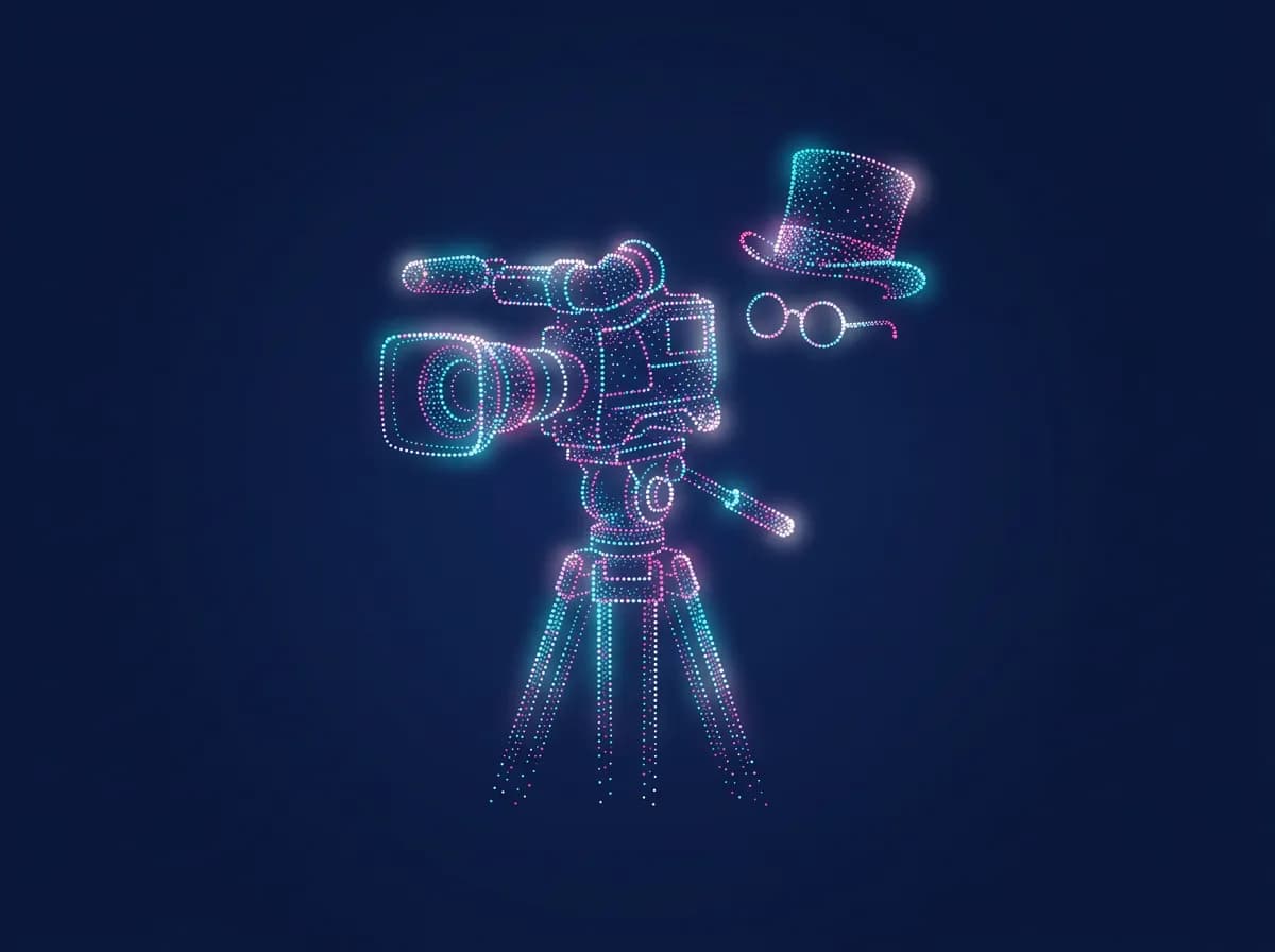 A video camera on a tripod drawn in glowing particles, with Bert’s top hat and round glasses beside it
